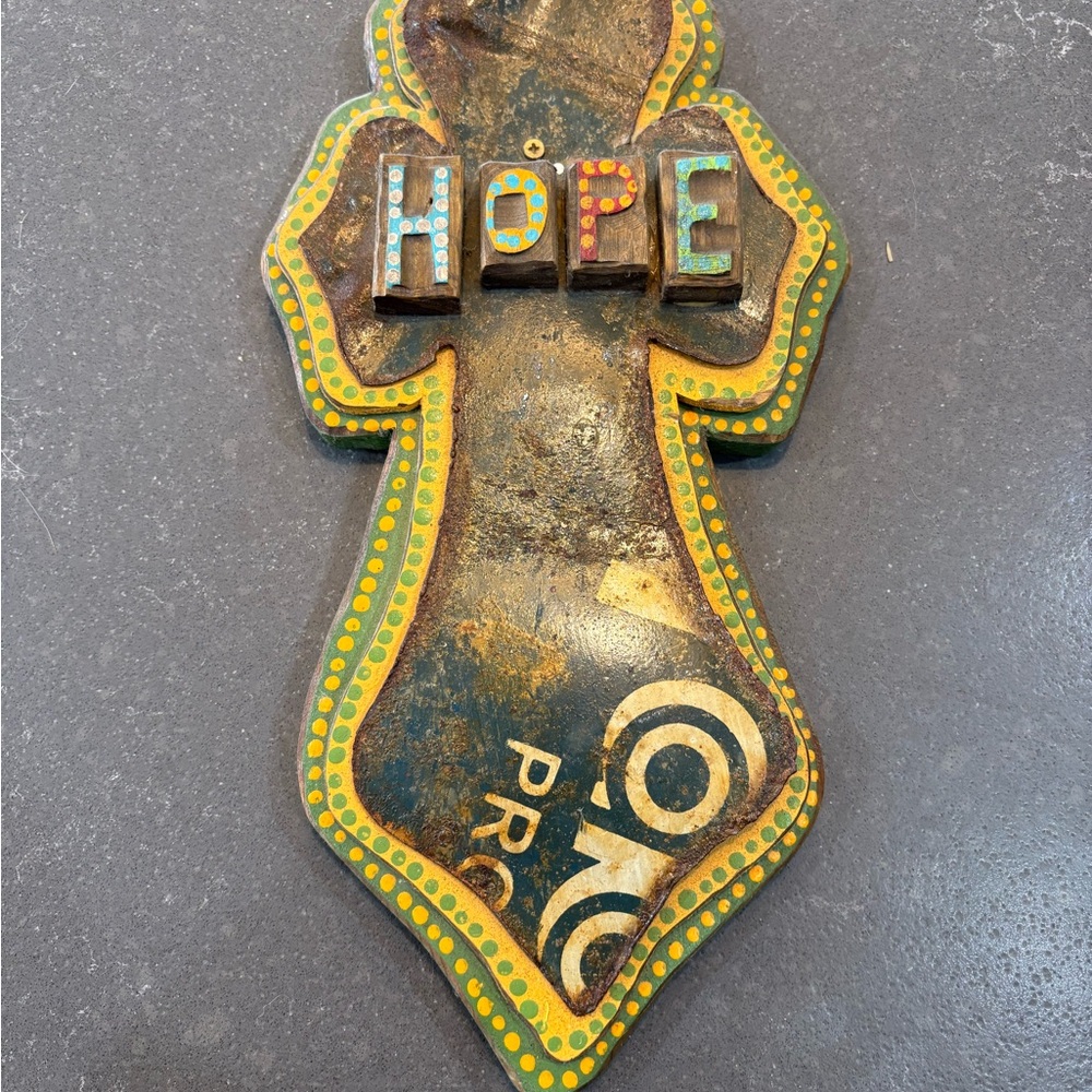 Rustic Cross made of wood & metal with Hope  with Yellow and Green Accents